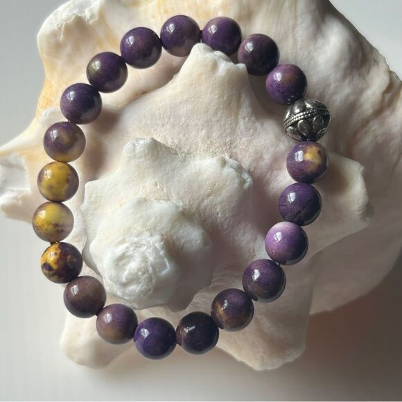 Purple and Yellow Beaded natural stone Bracelets silver 8mm fits 15-17cm wrists - Picture 1 of 5